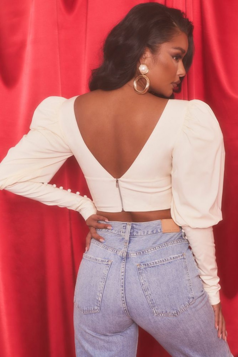 Oyster White Oh Polly Diamond Heart Plunge Neck Puff Sleeve Crop Top | JKUF-23896