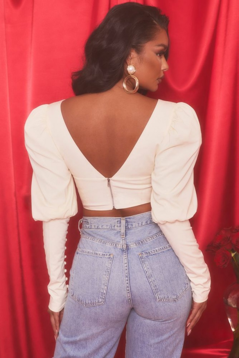 Oyster White Oh Polly Diamond Heart Plunge Neck Puff Sleeve Crop Top | JKUF-23896