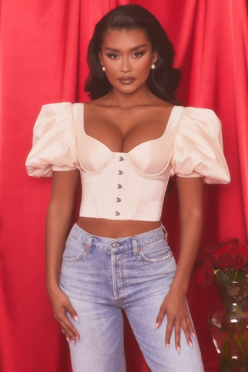 Oyster White Oh Polly Heavenly Short Puff Sleeve Corset Crop Top | HCOA-64370