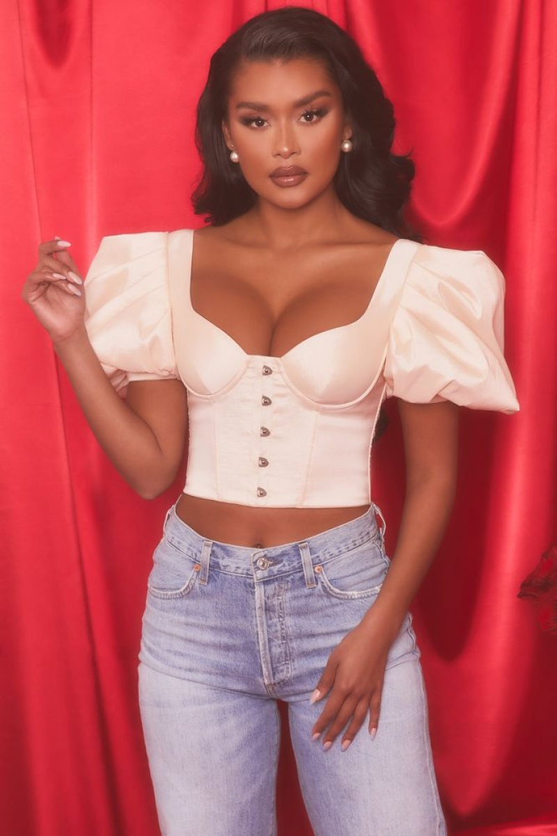 Oyster White Oh Polly Heavenly Short Puff Sleeve Corset Crop Top | HCOA-64370