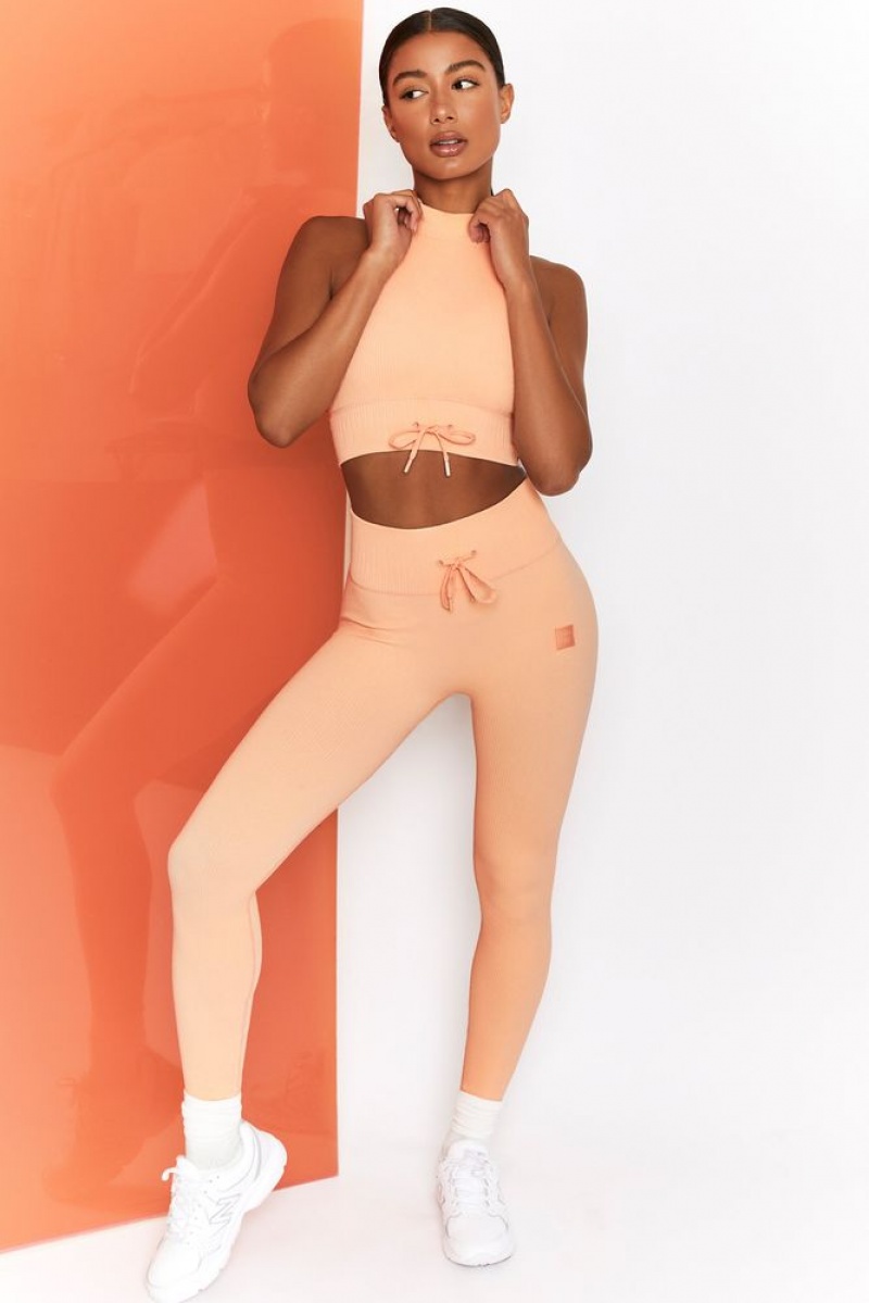 Peach Oh Polly Energise Ribbed Tie Front Full Length Leggings | DIUM-68217