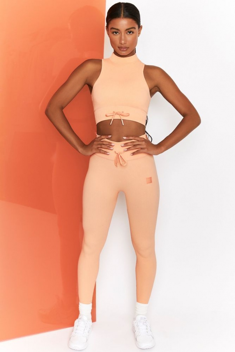 Peach Oh Polly Energise Ribbed Tie Front Full Length Leggings | DIUM-68217