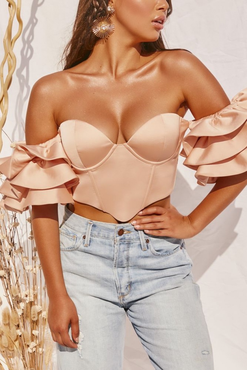 Peach Oh Polly Sweet Bliss Bardot Ruffle Sleeve Crop Top | QHYC-79320