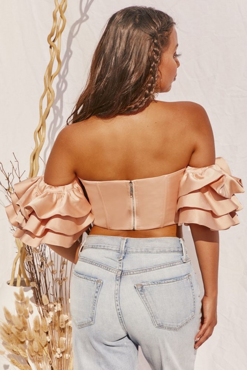 Peach Oh Polly Sweet Bliss Bardot Ruffle Sleeve Crop Top | QHYC-79320