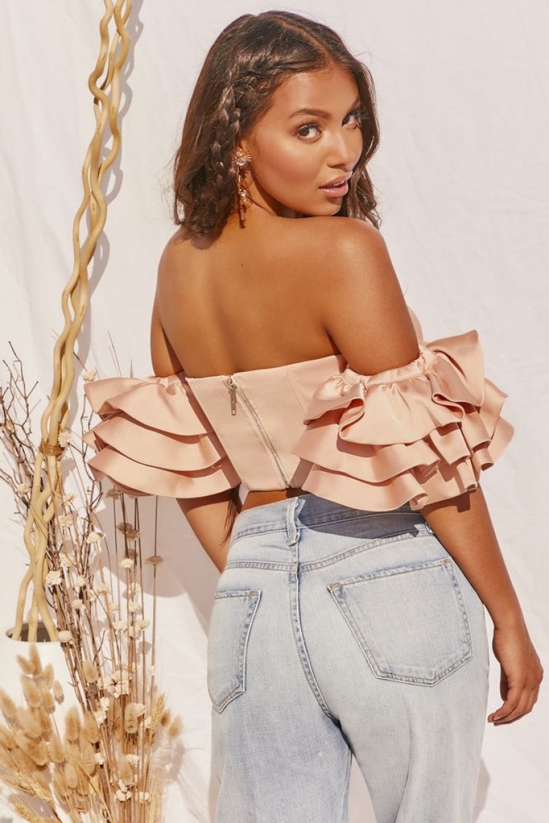 Peach Oh Polly Sweet Bliss Bardot Ruffle Sleeve Crop Top | QHYC-79320