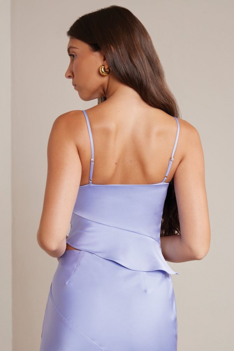 Periwinkle Oh Polly Nola Bias Cut Satin Cowl Neck Crop Top | QADI-45871