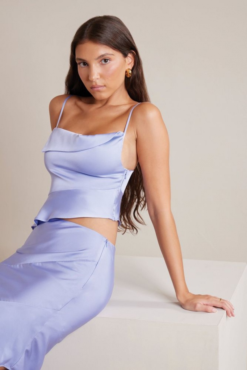 Periwinkle Oh Polly Nola Bias Cut Satin Cowl Neck Crop Top | QADI-45871