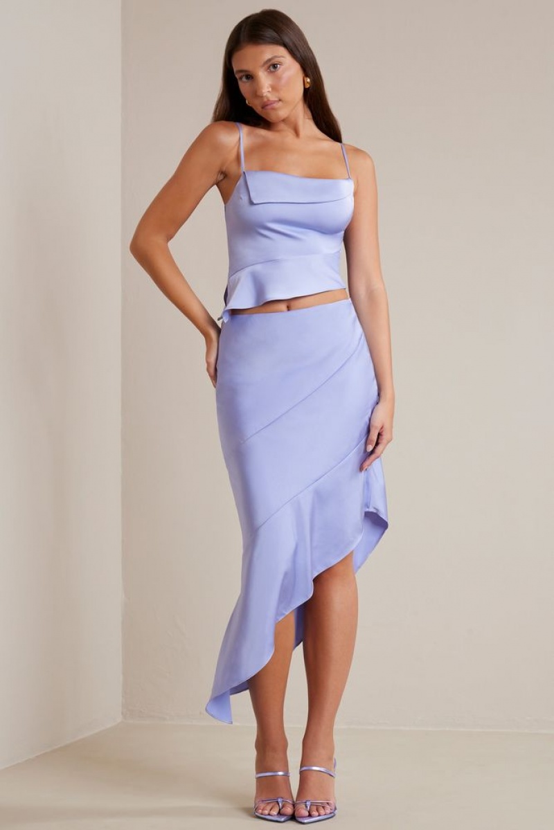 Periwinkle Oh Polly Nola Bias Cut Satin Cowl Neck Crop Top | QADI-45871