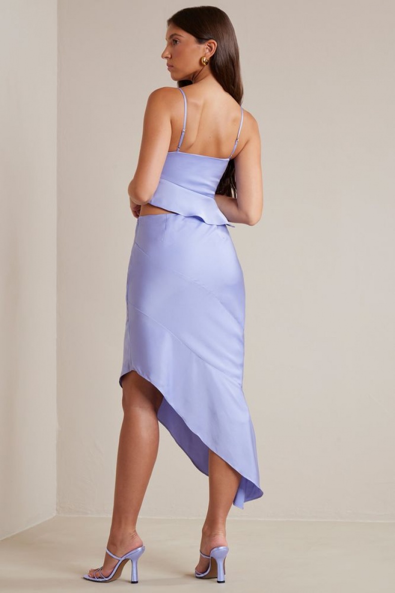 Periwinkle Oh Polly Vivi Bias Cut Satin Asymmetric Maxi Skirt | RCYG-10325