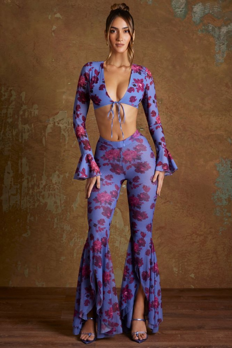 Periwinkle Print Oh Polly Hazan Tall Split Flare Ruffle Trousers | WOXR-90657