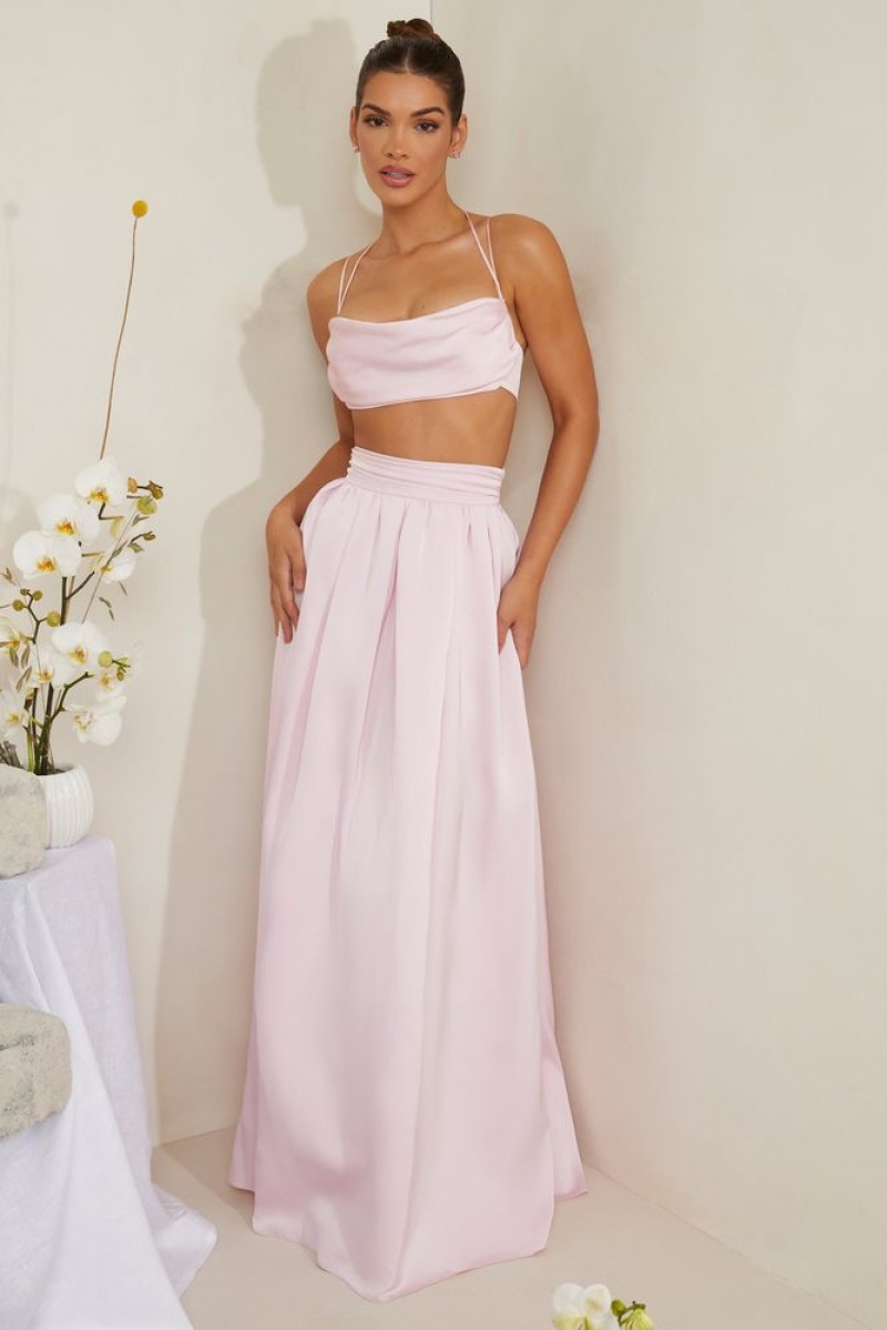 Pink Oh Polly Dulcie Cowl Neck Heavy Satin Crop Top | KIGC-89067