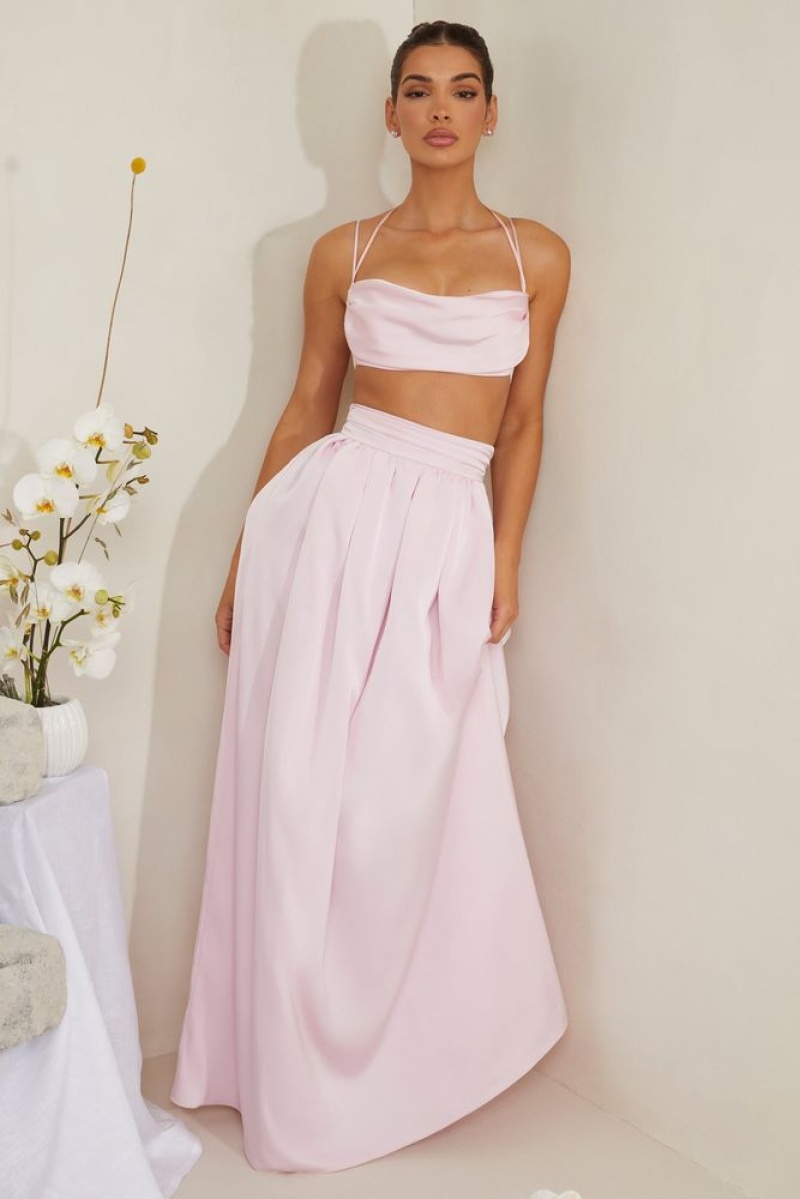 Pink Oh Polly Dulcie Cowl Neck Heavy Satin Crop Top | KIGC-89067