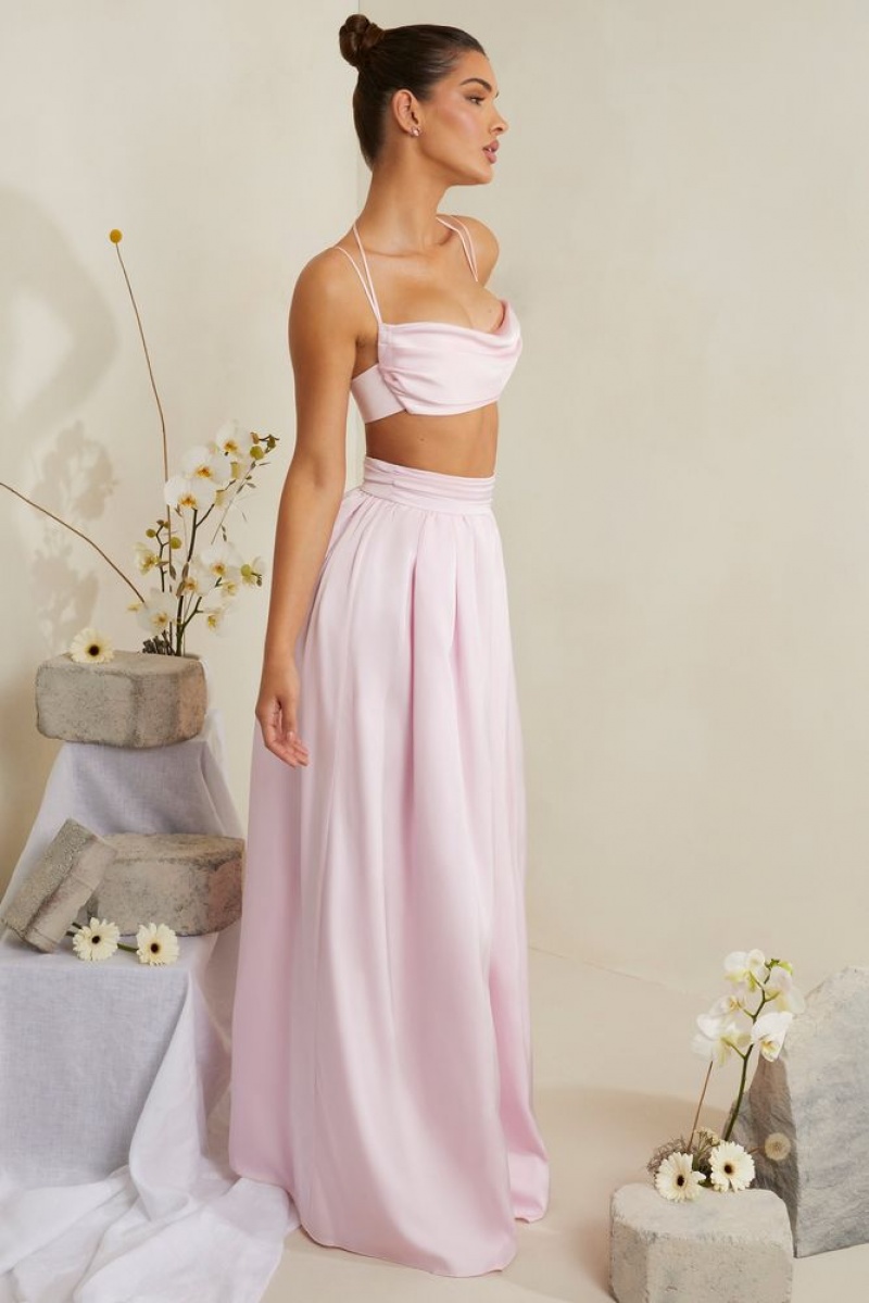 Pink Oh Polly Dulcie Cowl Neck Heavy Satin Crop Top | KIGC-89067