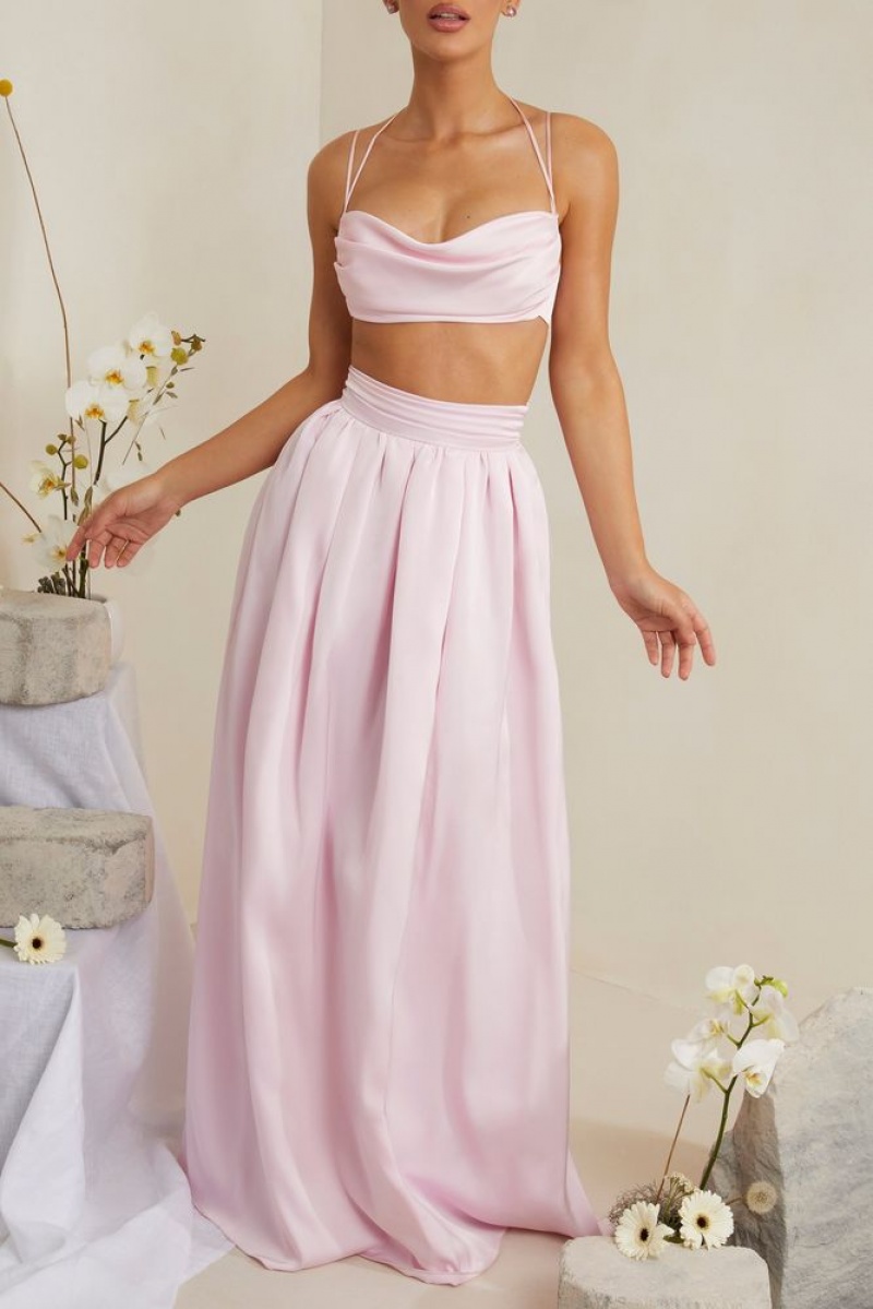 Pink Oh Polly Dulcie Cowl Neck Heavy Satin Crop Top | KIGC-89067