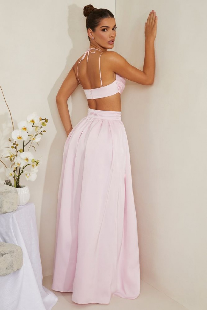 Pink Oh Polly Edyta Pleated Heavy Satin Maxi Skirt | SZWQ-18364