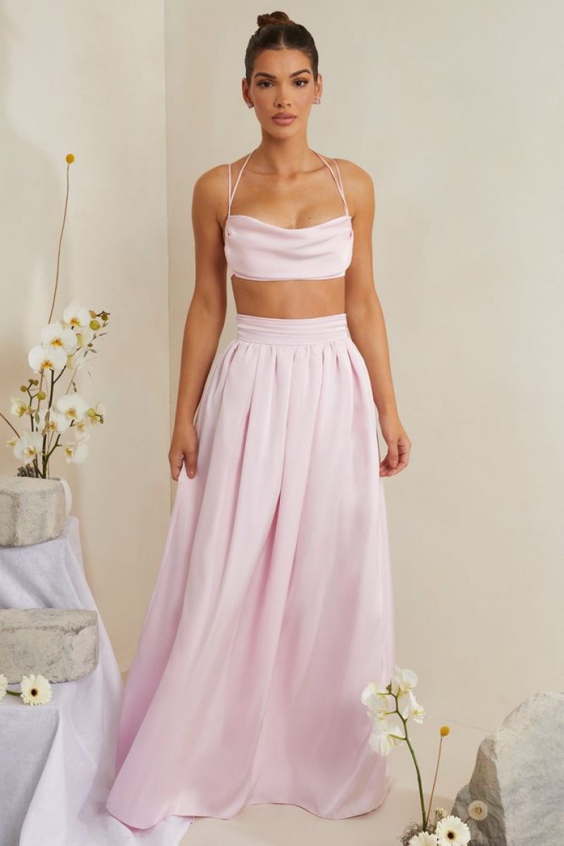 Pink Oh Polly Edyta Pleated Heavy Satin Maxi Skirt | SZWQ-18364