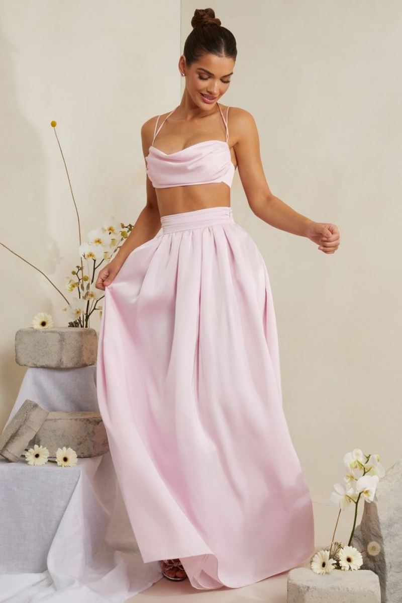 Pink Oh Polly Edyta Pleated Heavy Satin Maxi Skirt | SZWQ-18364