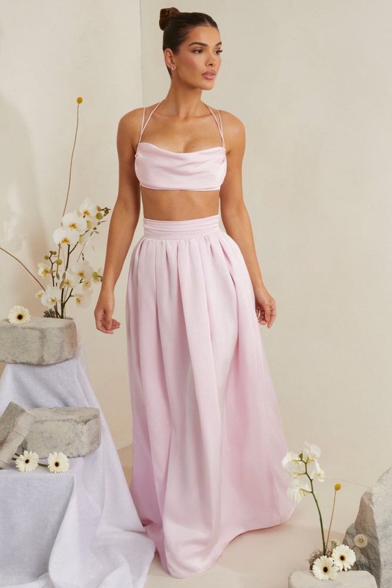 Pink Oh Polly Edyta Pleated Heavy Satin Maxi Skirt | SZWQ-18364