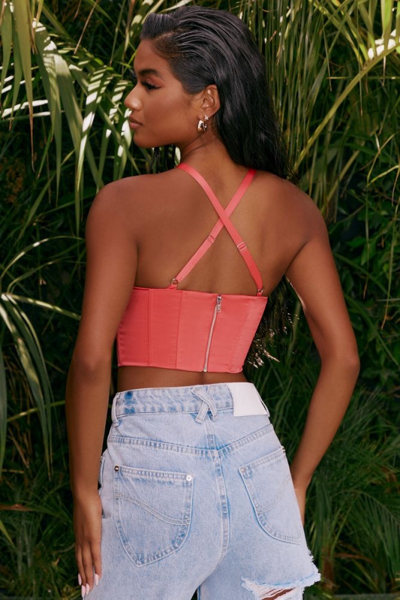 Pink Oh Polly Hand On Heart Satin Keyhole Corset Crop Top | FBZT-85263