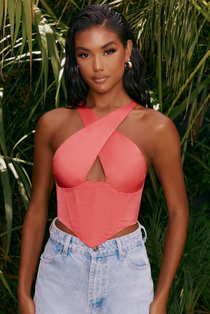 Pink Oh Polly Hand On Heart Satin Keyhole Corset Crop Top | FBZT-85263