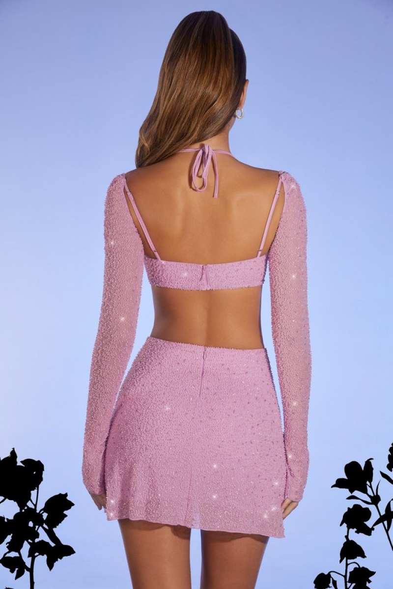 Pink Oh Polly Lucerne Embellished Long Sleeve Crop Top | OSGK-89702