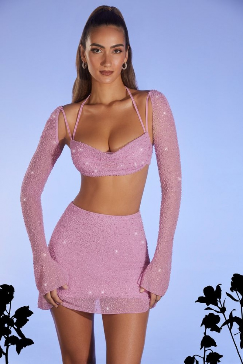 Pink Oh Polly Lucerne Embellished Long Sleeve Crop Top | OSGK-89702