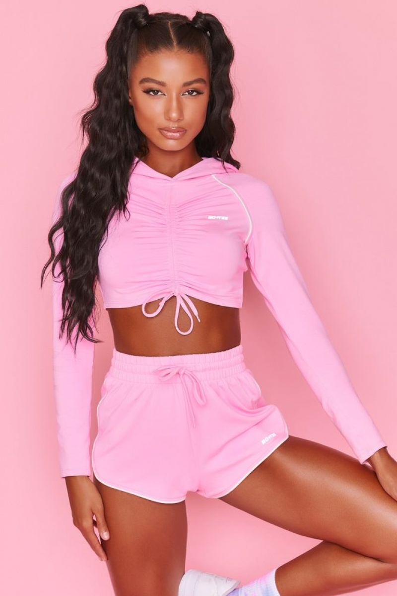 Pink Oh Polly New Goals Cropped Ruched Hoodie | AQDO-95012