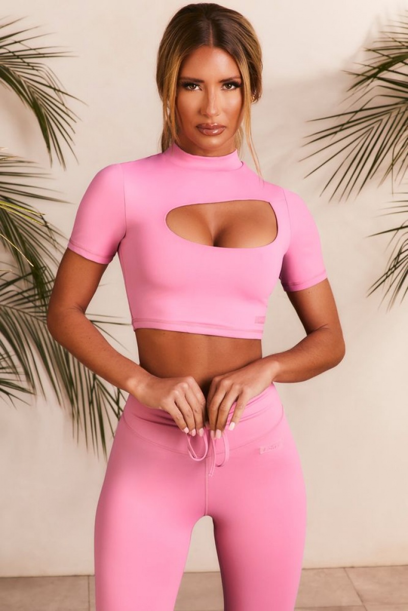 Pink Oh Polly Power Up Slinky Cut Out High Neck Crop Top | ZBXP-74593