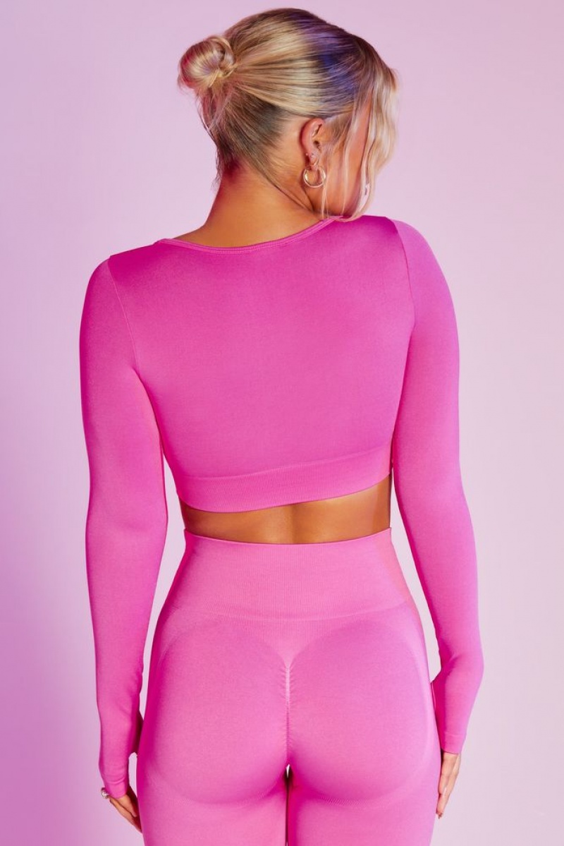 Pink Oh Polly Reignited Seamless Long Sleeve Scoop Neck Crop Top | RMDO-81907