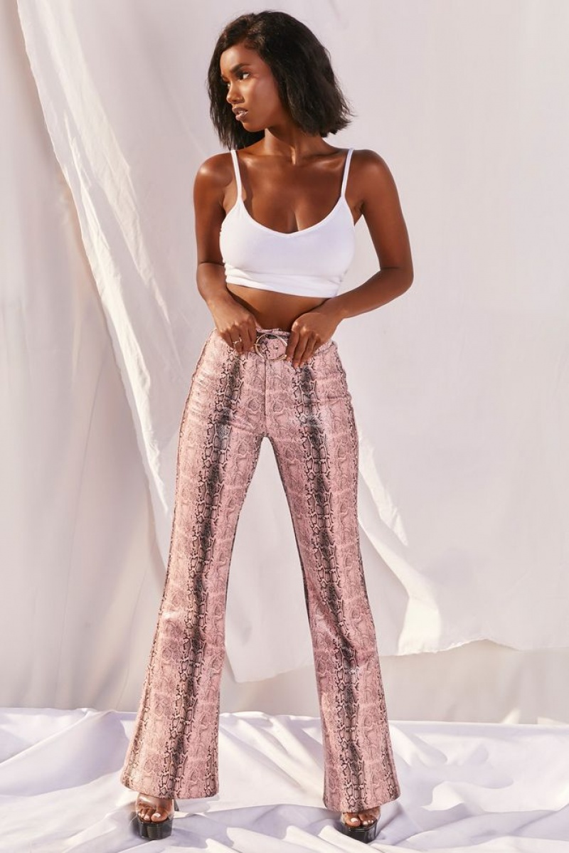 Pink Snake Print Oh Polly Drive ‘Em Wild Petite High Waisted Wide Leg Trousers | KWGV-45016