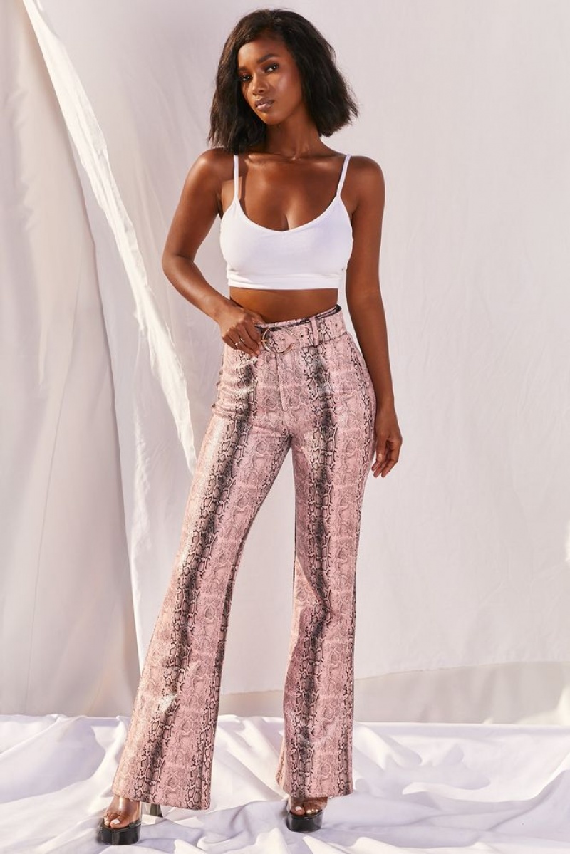 Pink Snake Print Oh Polly Drive ‘Em Wild Petite High Waisted Wide Leg Trousers | KWGV-45016