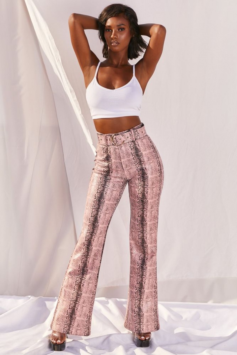 Pink Snake Print Oh Polly Drive ‘Em Wild Petite High Waisted Wide Leg Trousers | KWGV-45016