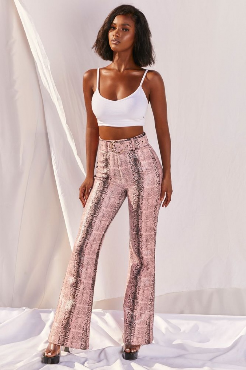 Pink Snake Print Oh Polly Drive ‘Em Wild Petite High Waisted Wide Leg Trousers | KWGV-45016