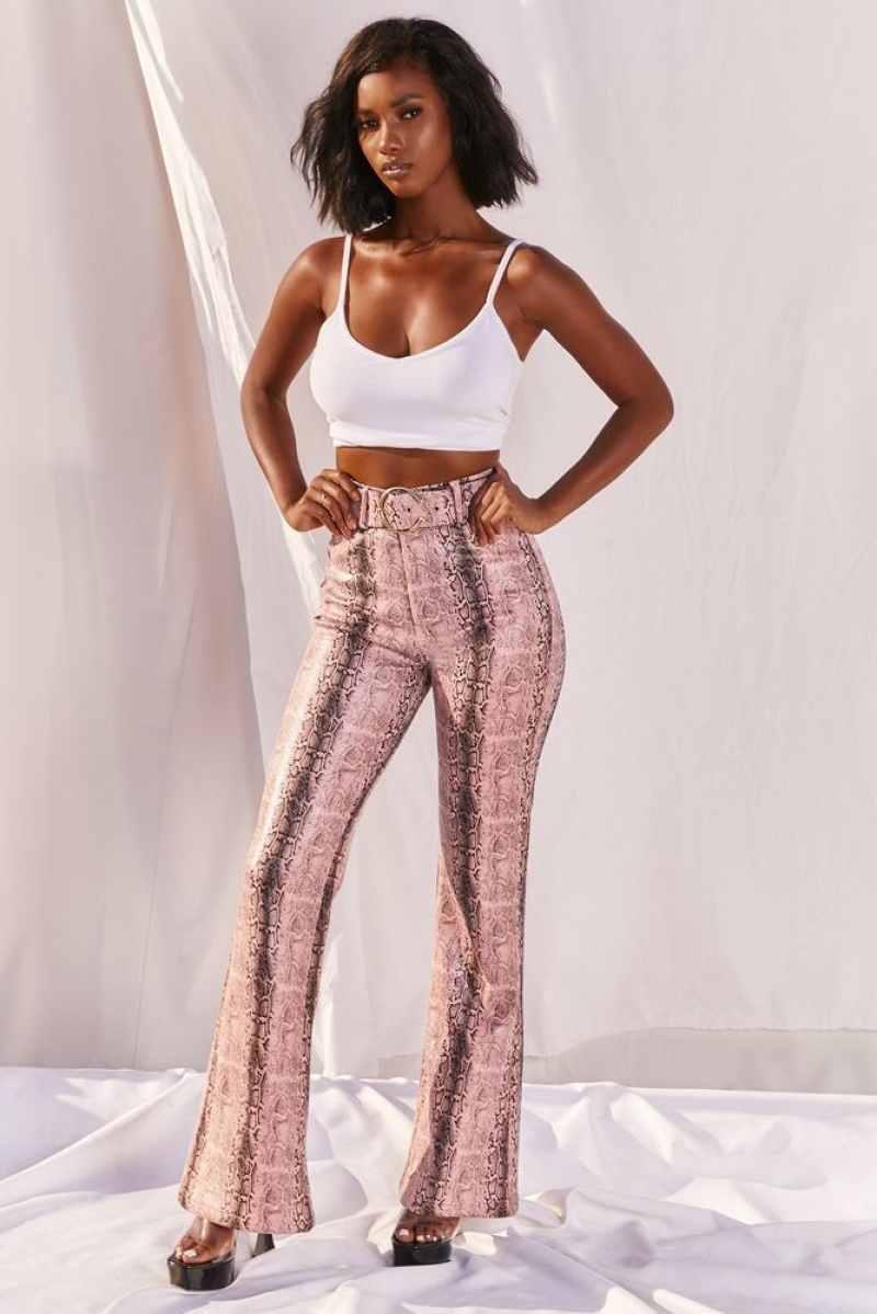 Pink Snake Print Oh Polly Drive ‘Em Wild Petite High Waisted Wide Leg Trousers | KWGV-45016