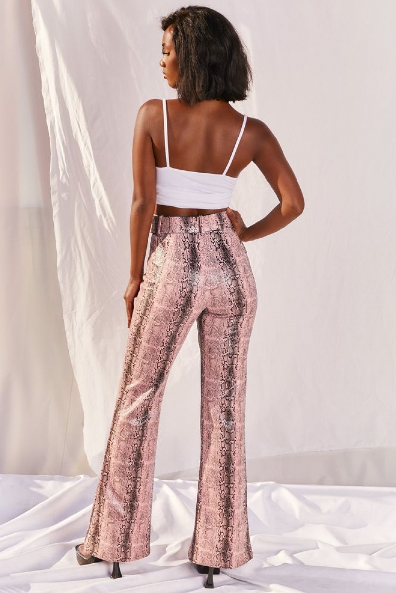 Pink Snake Print Oh Polly Drive ‘Em Wild Petite High Waisted Wide Leg Trousers | KWGV-45016