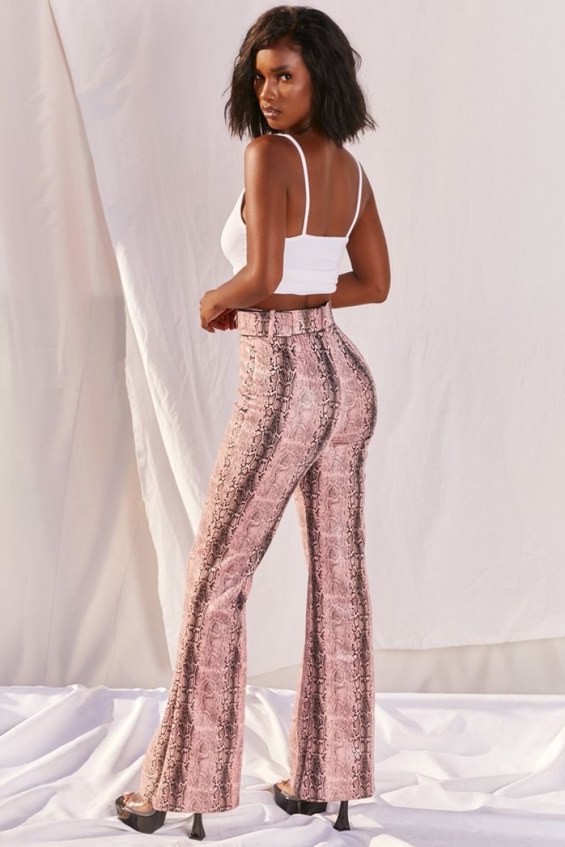 Pink Snake Print Oh Polly Drive ‘Em Wild Petite High Waisted Wide Leg Trousers | KWGV-45016