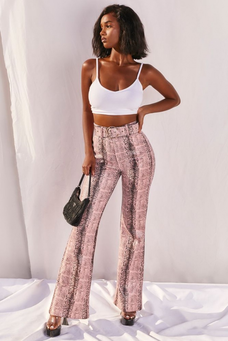 Pink Snake Print Oh Polly Drive ‘Em Wild Petite High Waisted Wide Leg Trousers | KWGV-45016