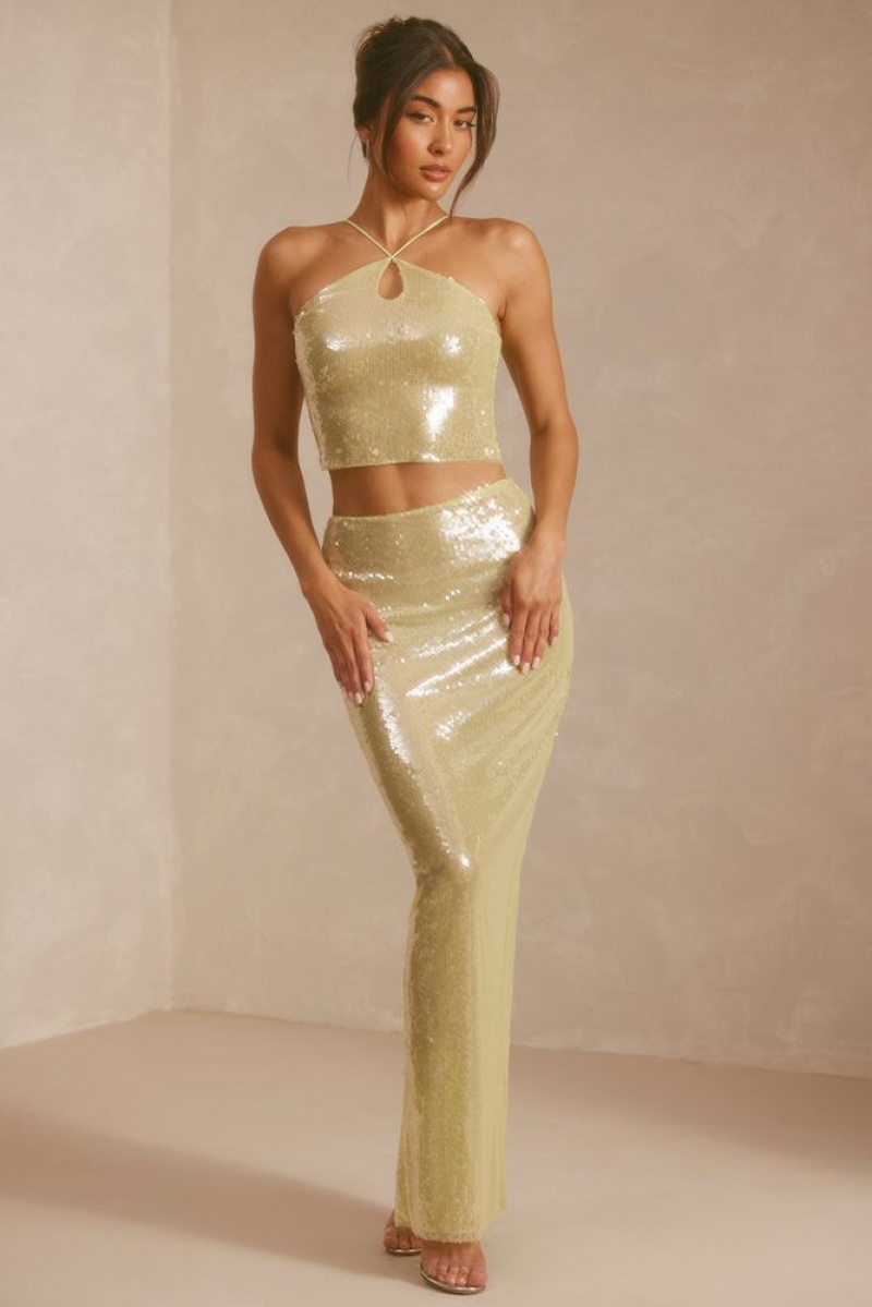 Pistachio Oh Polly Emilia Sheer Sequin Mid Rise Maxi Skirt | MYGN-60213