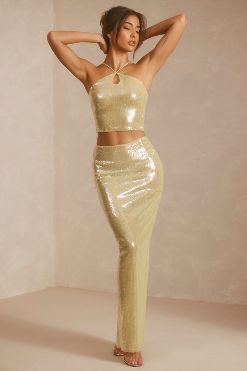 Pistachio Oh Polly Emilia Sheer Sequin Mid Rise Maxi Skirt | MYGN-60213