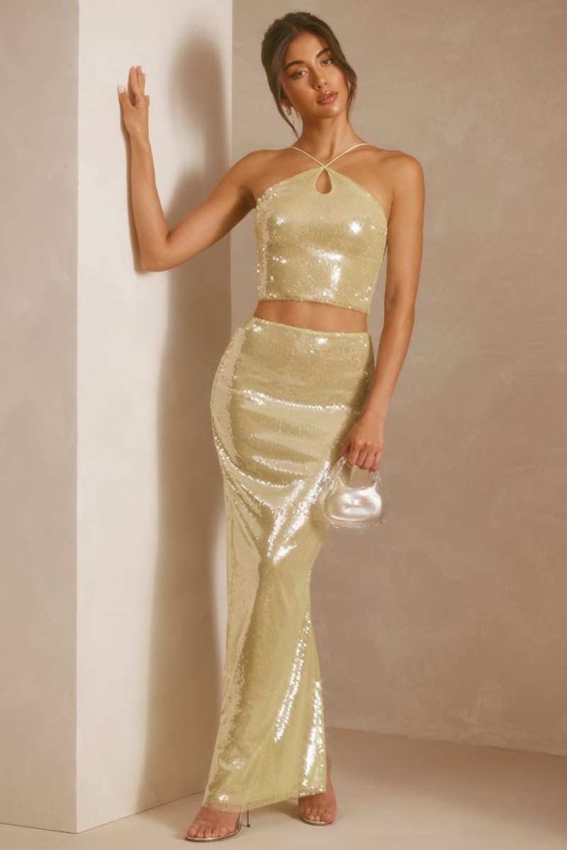 Pistachio Oh Polly Emilia Sheer Sequin Mid Rise Maxi Skirt | MYGN-60213