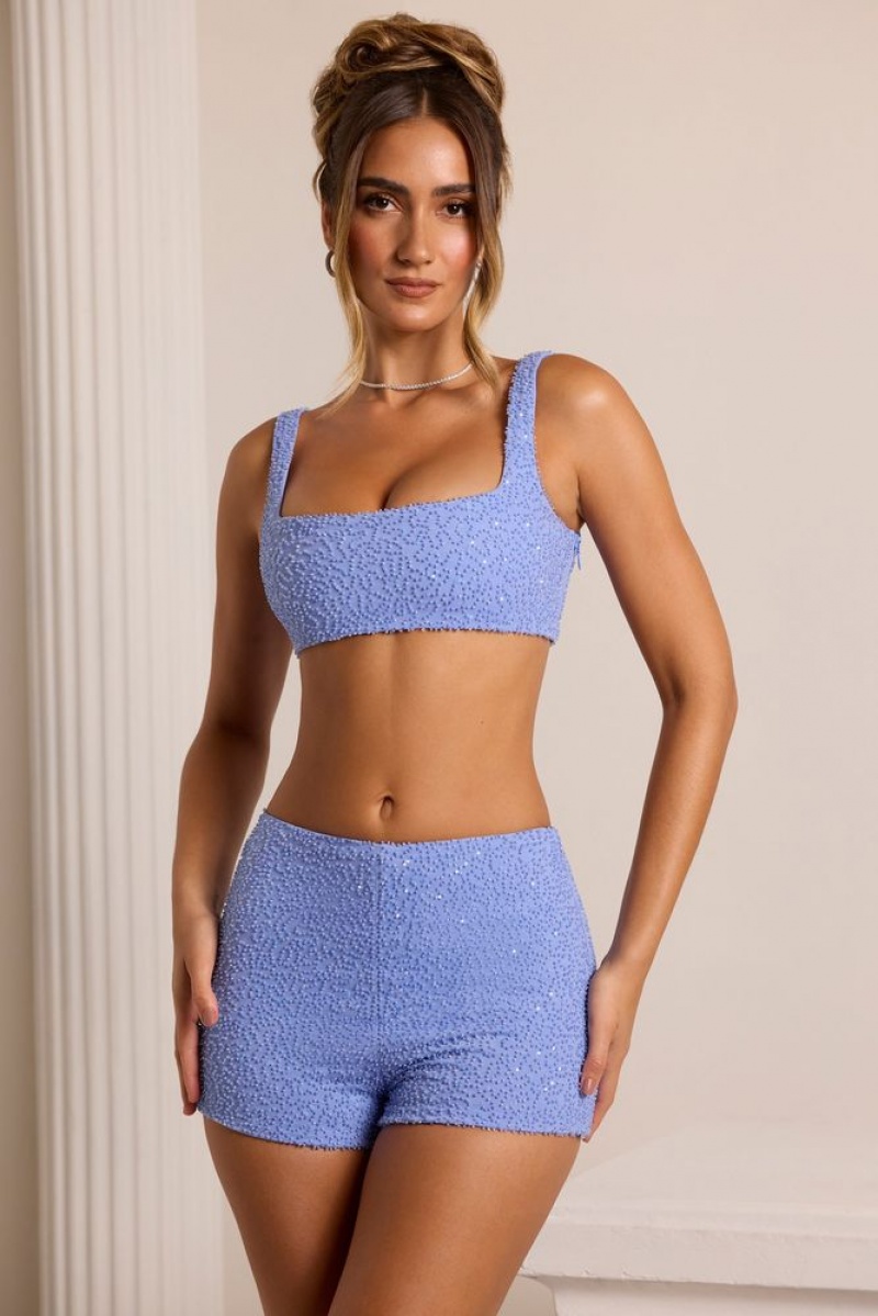 Powder Blue Oh Polly Chambord Embellished High Waist Hot Pant Shorts | NCPE-54962