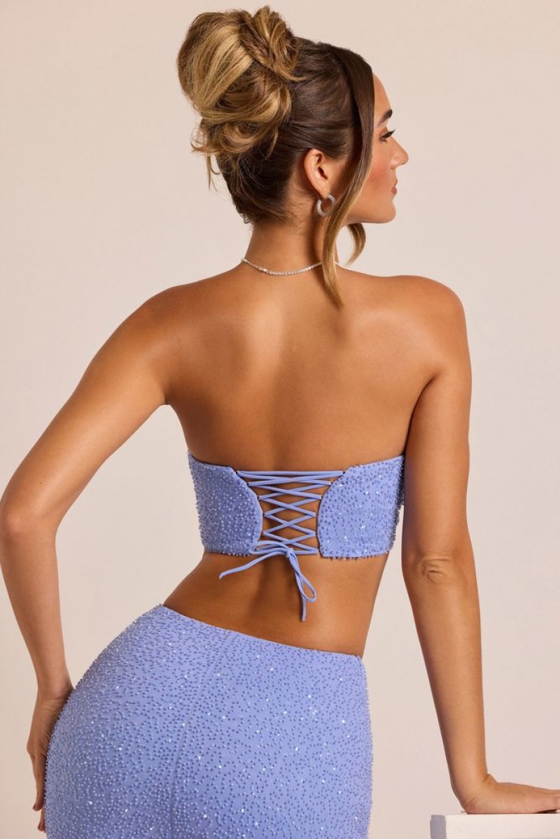 Powder Blue Oh Polly Loire Embellished Strapless Corset Top | OPYU-83491