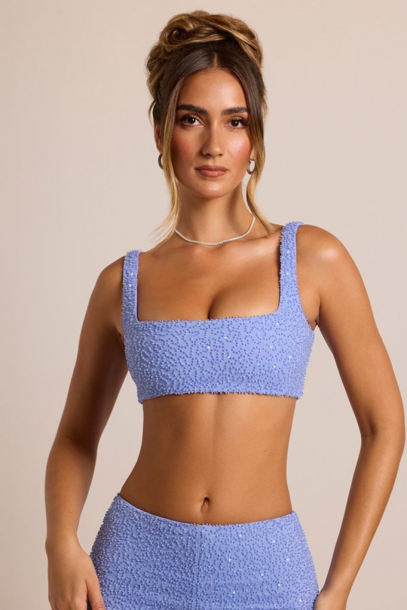 Powder Blue Oh Polly Lyon Embellished Square Neck Bralette | SWMD-91523