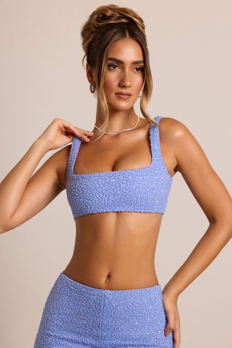 Powder Blue Oh Polly Lyon Embellished Square Neck Bralette | SWMD-91523