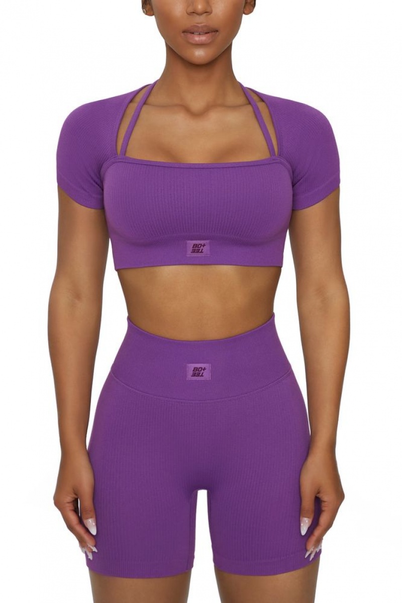 Purple Oh Polly High Energy Short Sleeve Crop Top | SMQI-49560