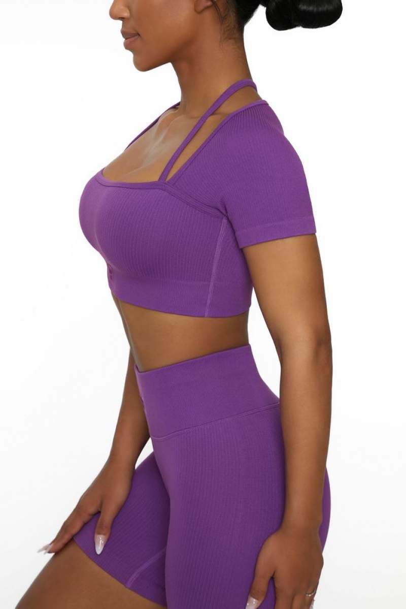 Purple Oh Polly High Energy Short Sleeve Crop Top | SMQI-49560