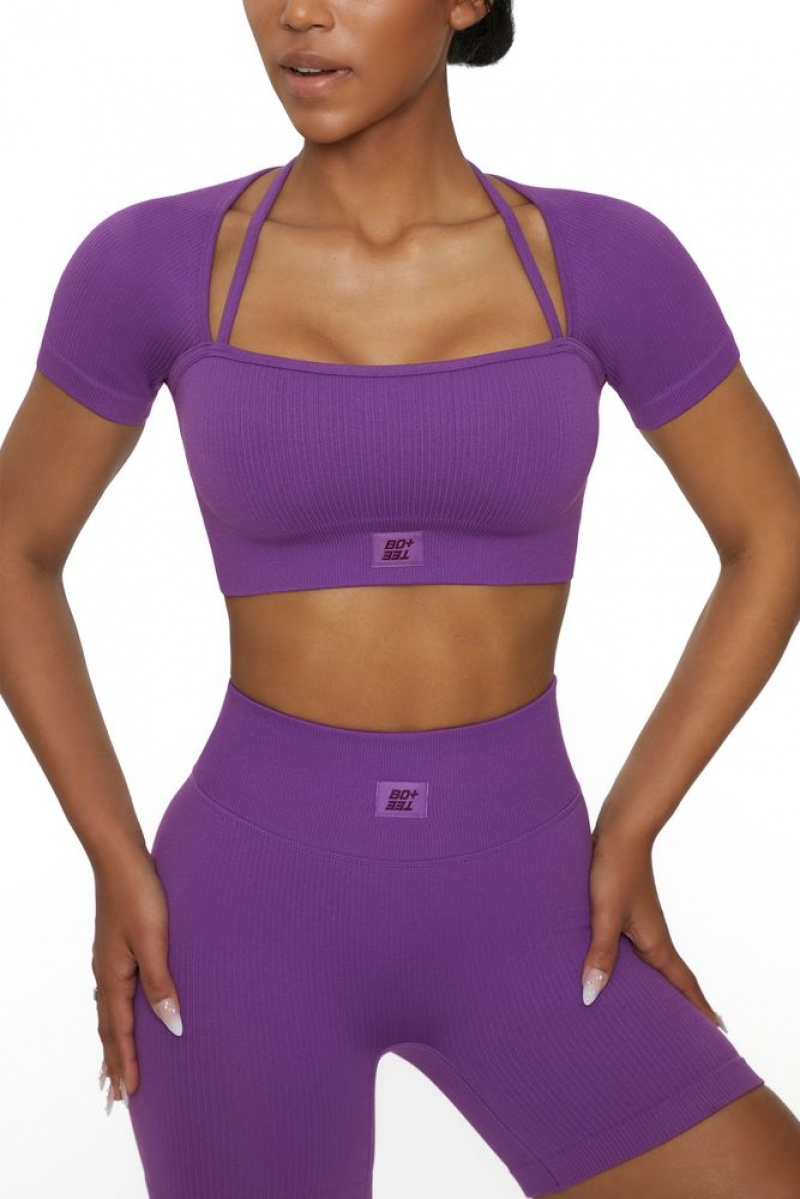 Purple Oh Polly High Energy Short Sleeve Crop Top | SMQI-49560