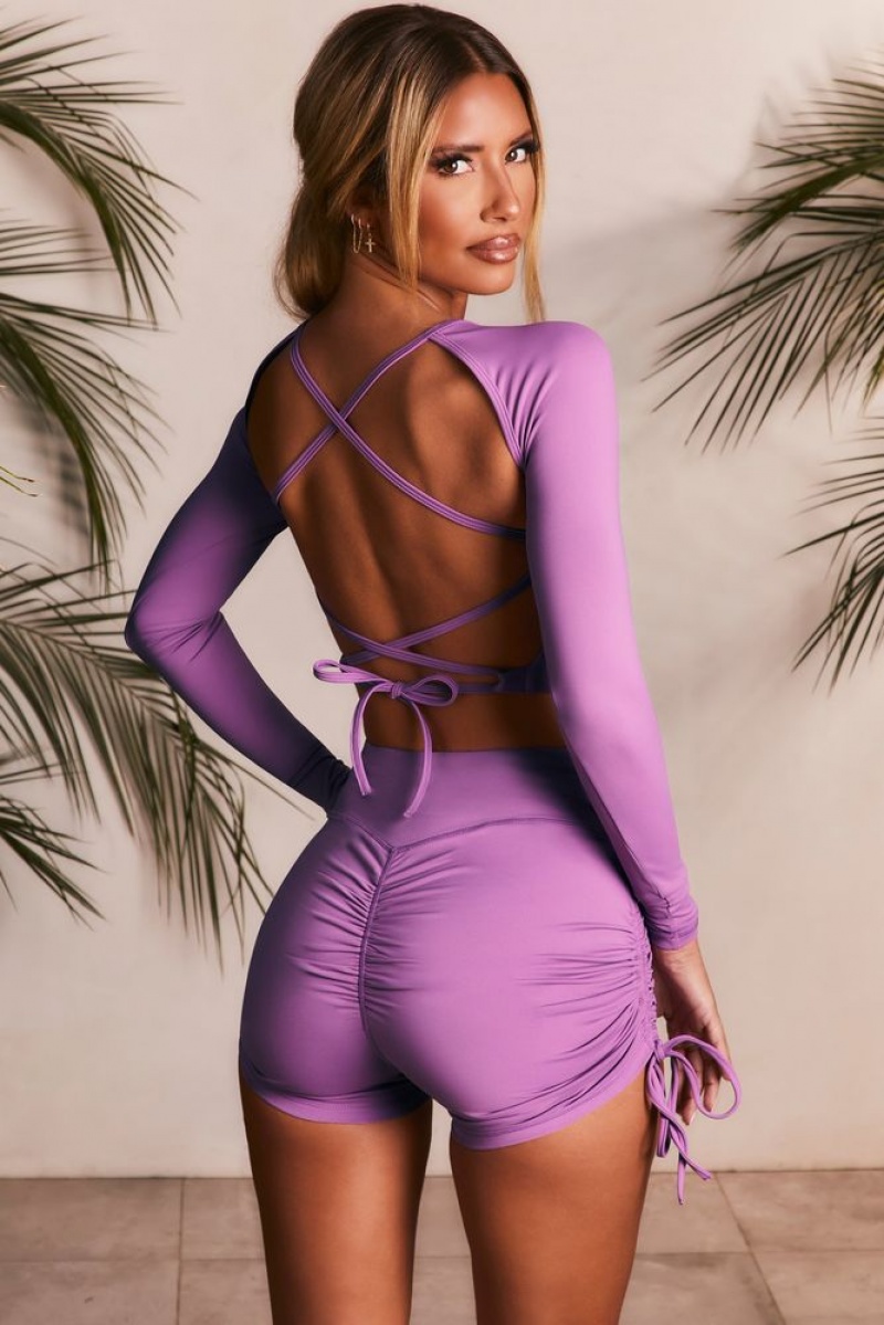 Purple Oh Polly Lifestyle Slinky Long Sleeve Tie Back Crop Top | ZCRO-47203