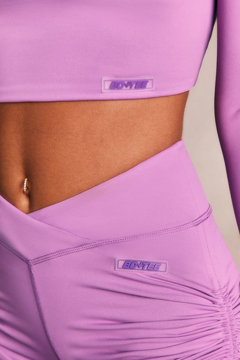 Purple Oh Polly Lifestyle Slinky Long Sleeve Tie Back Crop Top | ZCRO-47203