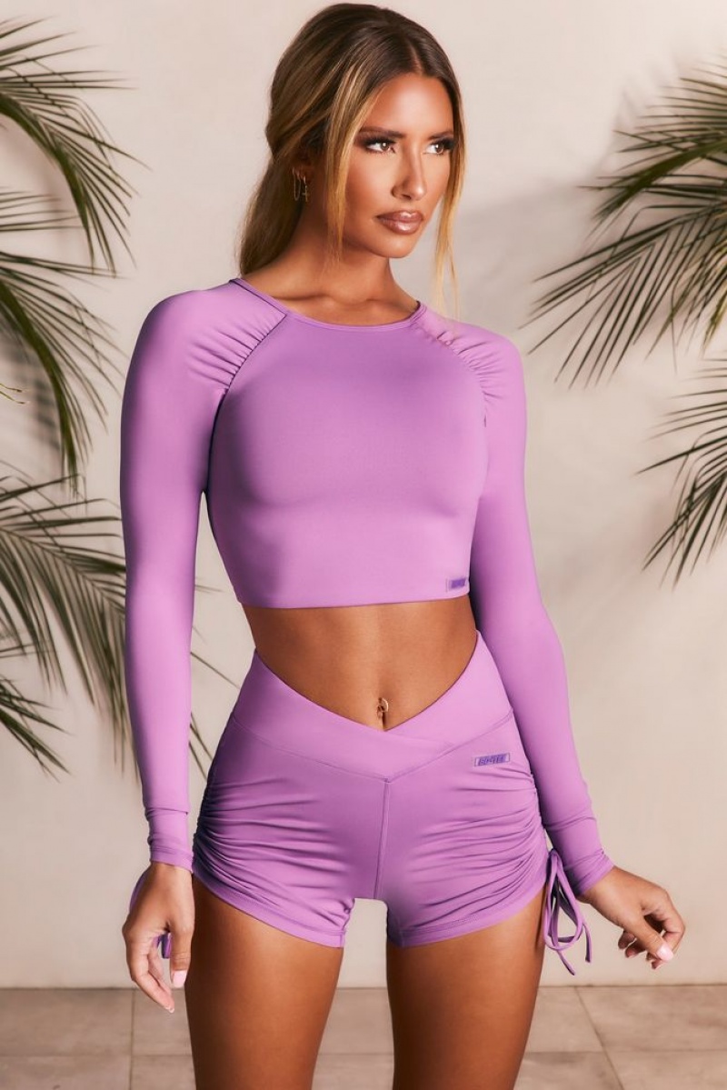 Purple Oh Polly Lifestyle Slinky Long Sleeve Tie Back Crop Top | ZCRO-47203